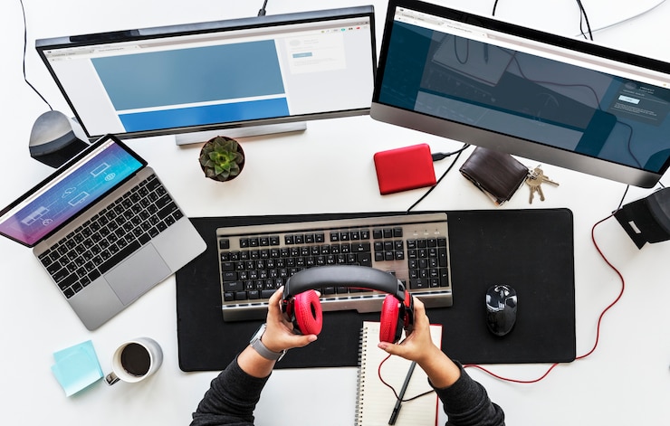 Foto mesa de trabajo con múltiples pantallas y dispositivos electrónicos.