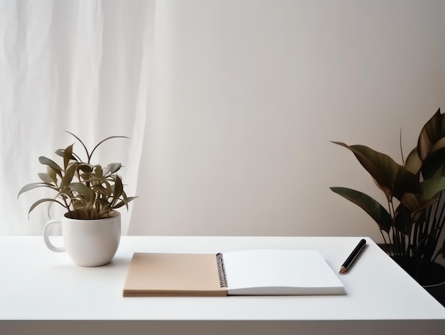 Mesa de trabajo de negocios con café de papel en blanco y planta en el fondo de la mesa