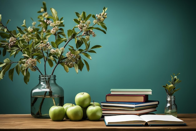 Mesa de trabajo o mesa de lectura sobre fondo verde de la pared