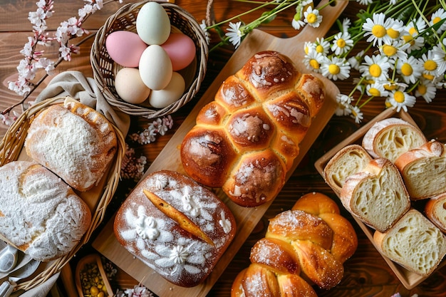 Mesa tradicional de celebración de Pascua con panados frescos huevos pintados y flores de primavera