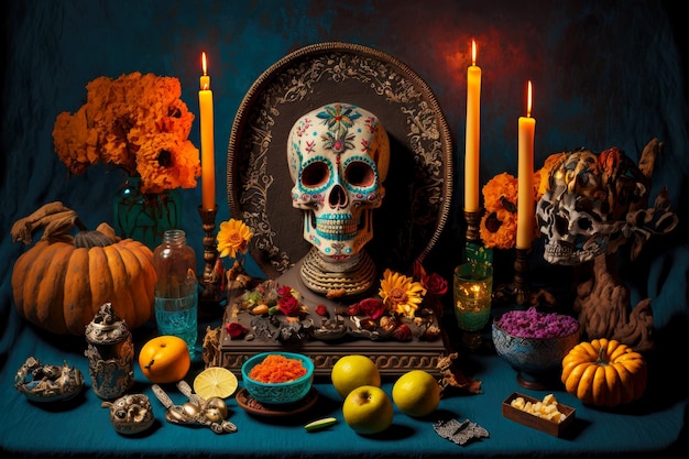 Mesa tradicional mexicana com atributos e caveira colorida com flores