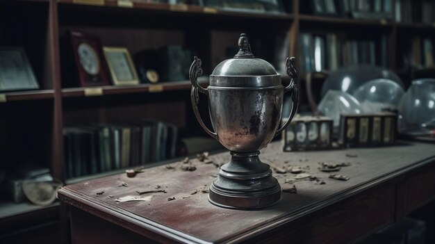 Una mesa con un trofeo de plata encima y un estante para libros detrás.