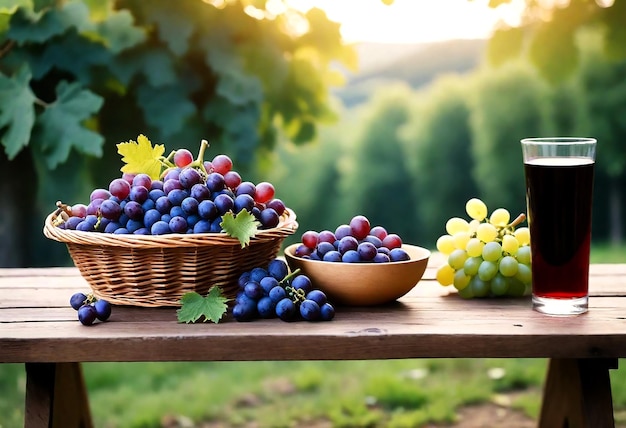 una mesa con uvas y una canasta de uvas en ella