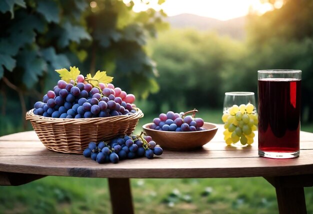 una mesa con uvas y una canasta de uvas en ella