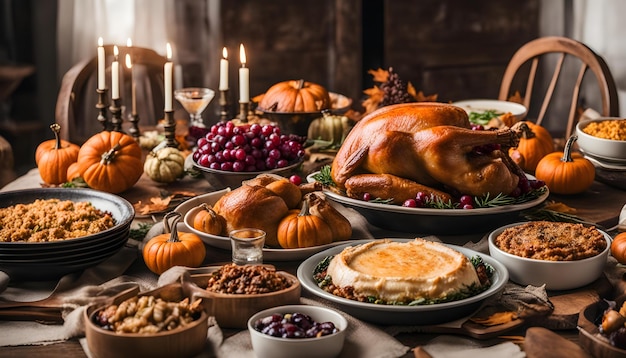 una mesa con uvas de pavo y un pavo en ella