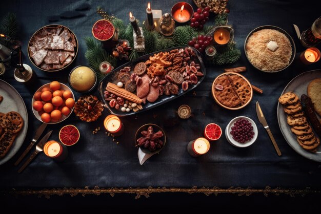 Foto mesa de vacaciones de navidad con velas de comida decoración vista superior celebrando el año nuevo y navidad