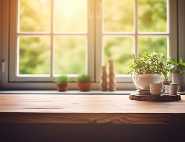 Mesa vacía cocina fondo borroso luz solar natural ventanas grandes para exhibición de productos copia