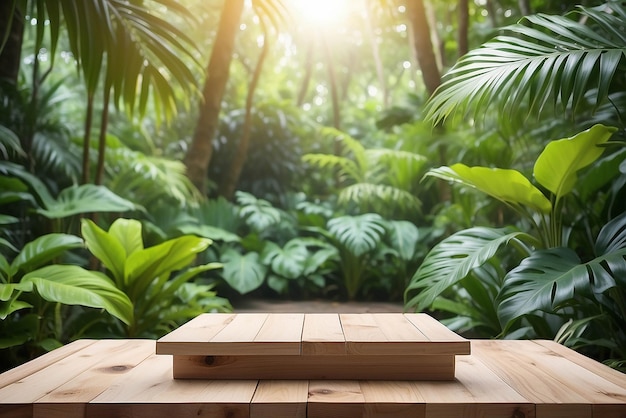 mesa vacía encimera de madera podio en el jardín tropical al aire libre bosque verde borroso fondo de plantas con espacio producto orgánico presente colocación natural pedestal exhibiciones concepto de primavera y verano