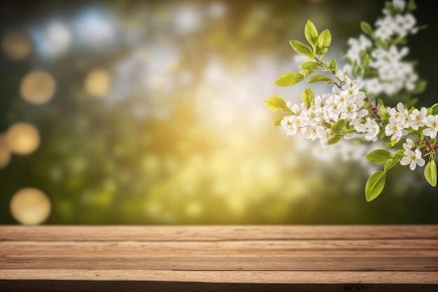 Mesa vacía para exhibición de productos con fondo borroso de primavera floral