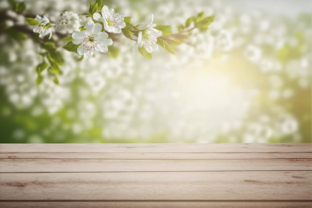 Mesa vacía para exhibición de productos con fondo borroso de primavera floral