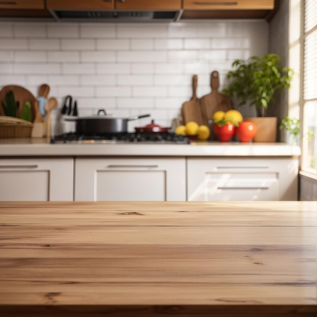 mesa vacía fondo de cocina moderna borrosa