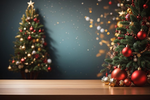 Mesa vacía frente al árbol de Navidad con fondo de decoración