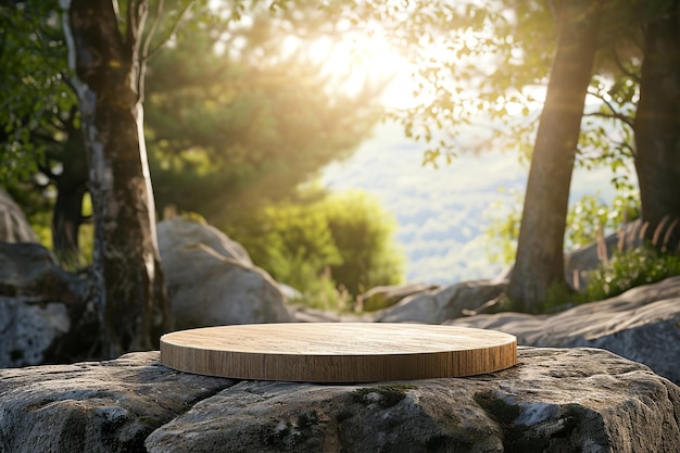 Mesa vacía hecha de un viejo tronco de árbol con fondo de bosque verde colocación de productos naturales pedestal soporte de exhibición concepto de paraíso de la jungla