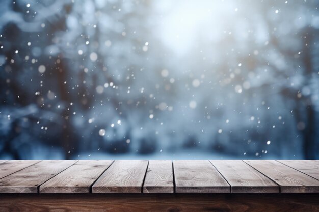 Foto mesa vacía en un hermoso paisaje de invierno tablero de madera en la nieve montaña belleza al aire libre