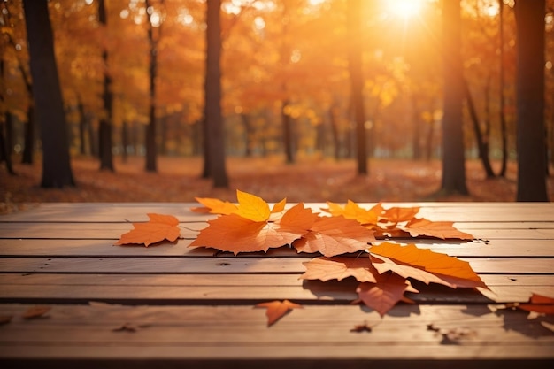 Mesa vacía Hojas de naranja otoñal y tablón de madera al atardecer en el bosque ai natural generado