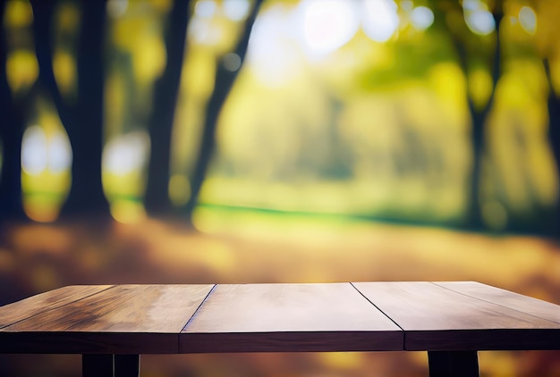 Mesa vacía con un jardín natural verde borroso o fondo de patio trasero Naturaleza y concepto al aire libre IA generativa