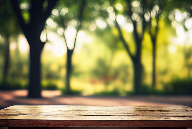 Mesa vacía con un jardín natural verde borroso o fondo de patio trasero Naturaleza y concepto al aire libre IA generativa