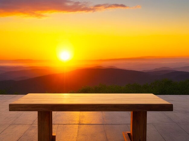 Mesa vacía de madera en blanco con una vista natural del atardecer