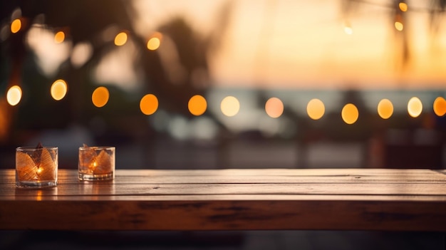 mesa vacía de madera para burlarse de fondo borroso con bokeh