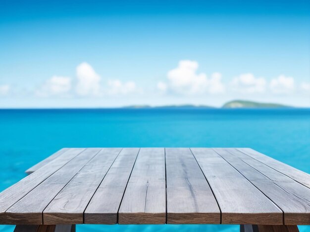 Foto mesa vacía de madera en el fondo de la tranquilidad costera del mar