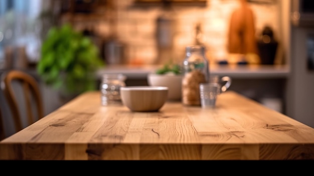 mesa vacía de madera para maqueta contra el fondo borroso de la cocina con bokeh