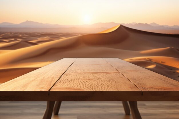 La mesa vacía de madera marrón con fondo borroso de la montaña de dunas del desierto Imagen exuberante