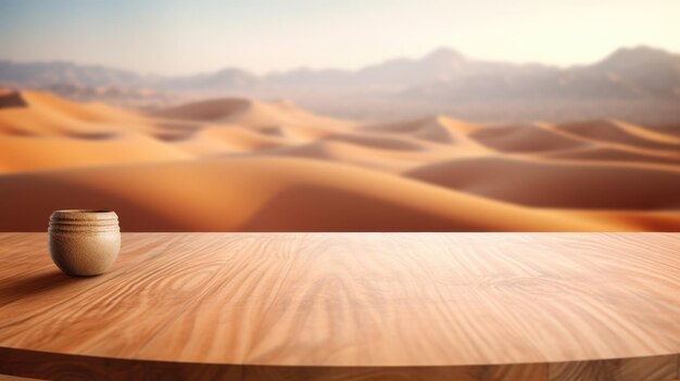 La mesa vacía de madera marrón con fondo borroso de la montaña de dunas del desierto Imagen generativa de IA AIG30