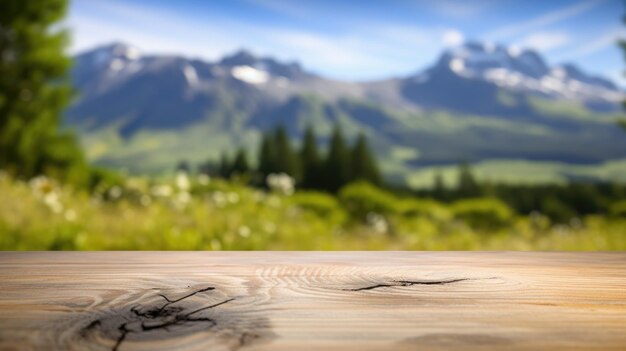 Foto la mesa vacía de madera marrón con fondo borroso de la naturaleza de nueva zelanda imagen exuberante