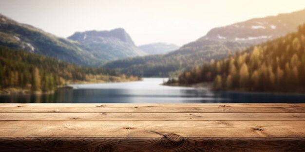 La mesa vacía de madera marrón con fondo borroso del paisaje natural de Noruega Imagen exuberante