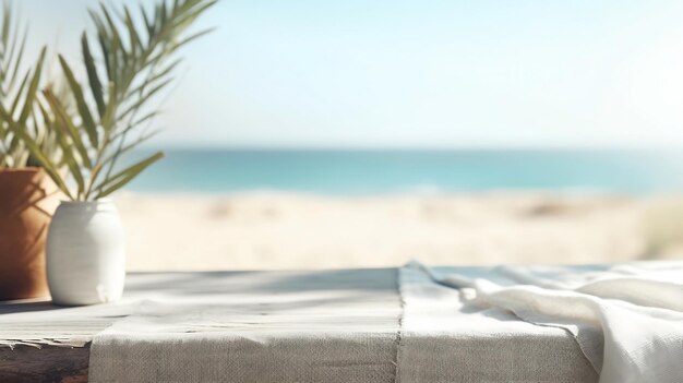 Foto mesa vacía con mantel blanco para exhibición de productos en la playa de mar fondo borroso ai generativo