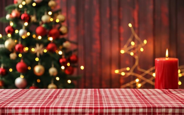 Foto mesa vacía con mantel rojo a cuadros sobre fondo de madera generado por ai