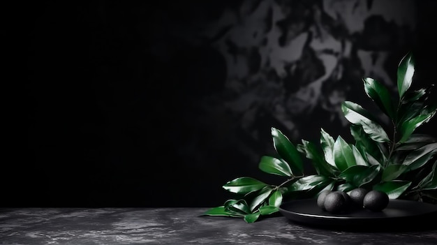 Mesa vacía sobre fondo de pared de textura negra Composición con sombras de hojas en la pared y luz