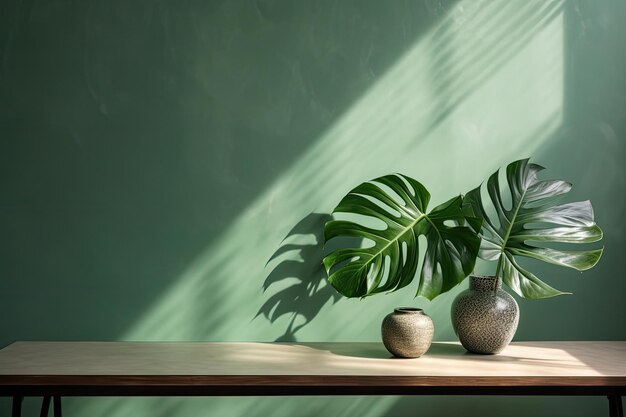 Mesa vacía sobre fondo de pared de textura verde caqui