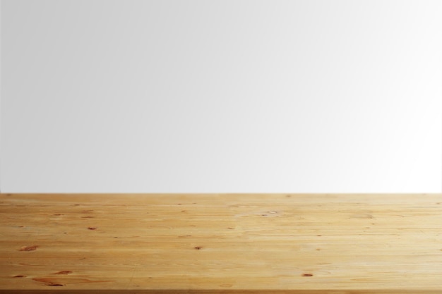 Mesa vacía de tablero de madera para exhibición de productos con fondo gris suave