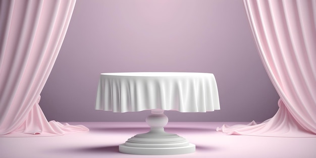 Mesa vacía con tela blanca sobre fondo rosa con mucho espacio para el diseño