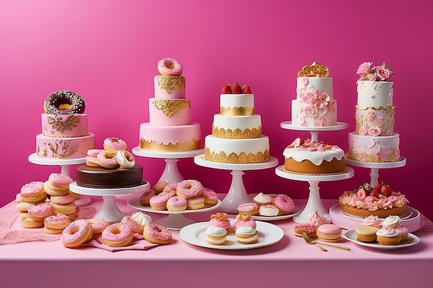 Mesa con varias galletas, donuts, pasteles, tartas de queso y tazas de café sobre fondo rosa