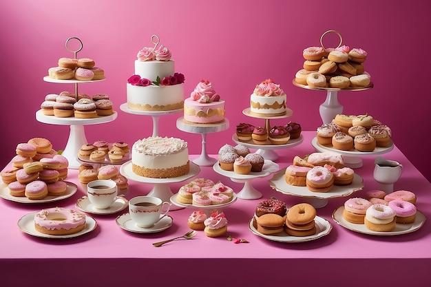 Mesa con varias galletas rosquillas pasteles pasteles de queso y tazas de café en fondo rosa