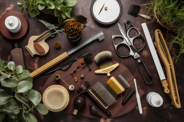 Una mesa con varias herramientas que incluyen un cepillo, un cepillo, una taza de café, un cepillo, un cepillo, una taza de café y una planta.