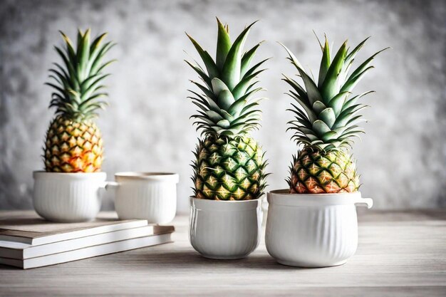 una mesa con varias tazas y una pila de libros con una piña en ella