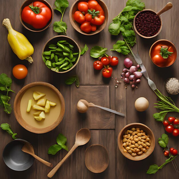 Foto una mesa con varias verduras, incluidos tomates, apio y un plato de frutas