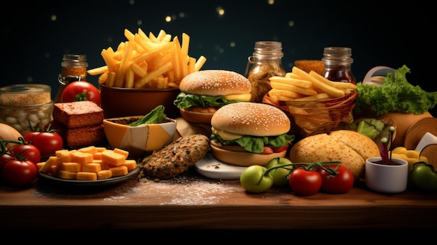 una mesa con una variedad de alimentos, incluidas papas fritas de hamburguesa y un plato de papas fritas