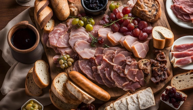 una mesa con una variedad de alimentos, incluidos pan de carne y uvas