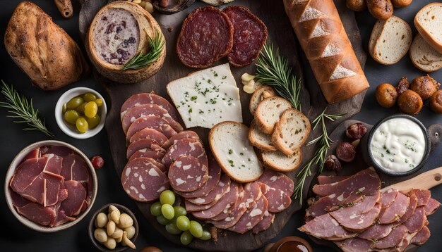 Foto una mesa con una variedad de alimentos, incluidos queso de carne y aceitunas