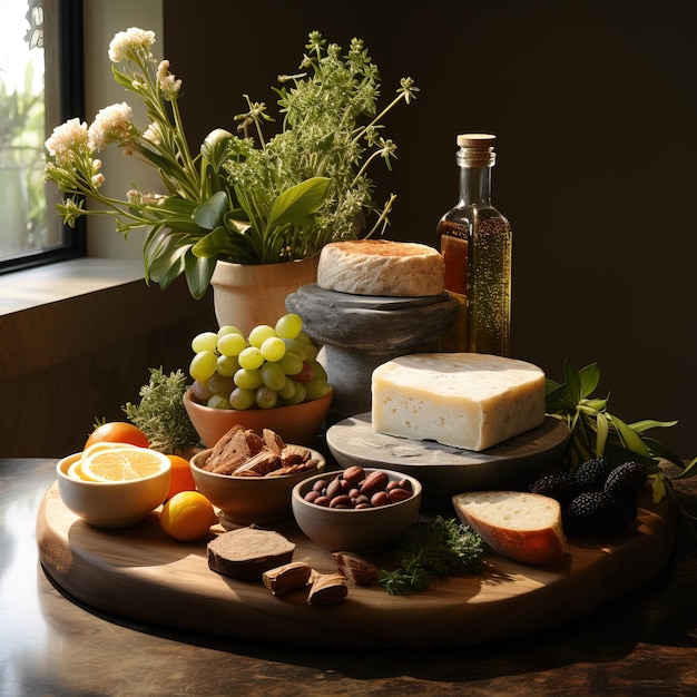 una mesa con una variedad de alimentos que incluyen queso, uvas y otros artículos
