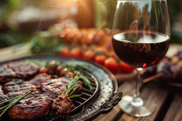 Foto una mesa con una variedad de alimentos y un vaso de vino