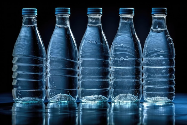 Mesa con una variedad de botellas de agua reutilizables alineadas en fila IA generativa