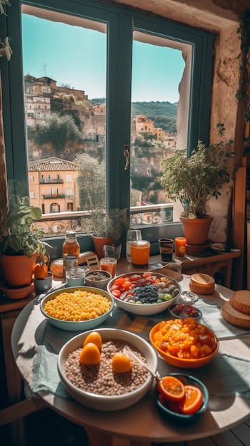 Una mesa con una variedad de comida en ella