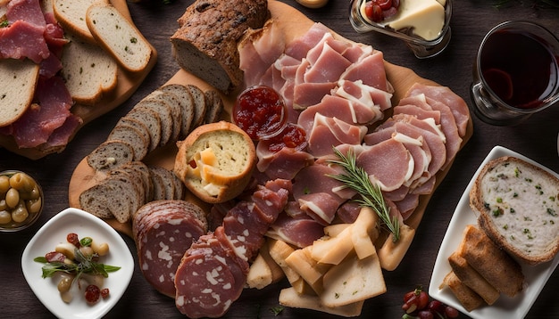 una mesa con una variedad de diferentes tipos de carnes y queso