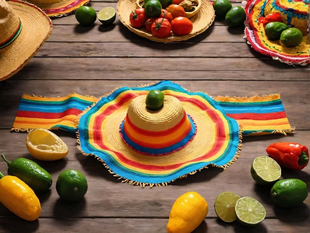 Una mesa con variedad de frutas y sombreros.