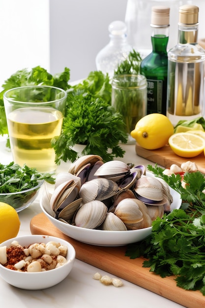 Foto una mesa con una variedad de ingredientes, incluidos huevos, queso con crema y yogur